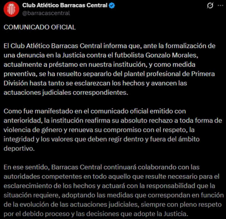 la12tuittera's tweet photo. ⚠️BARRACAS CENTRAL mediante un comunicado, confirmó que decidió SEPARAR DEL PLANTEL a GONZALO MORALES, jugador de #Boca a préstamo en el Guapo hasta diciembre, luego de la denuncia por violencia de género en su contra, hasta que se establezca su situación judicial. https://t.co/Mwn6o1UiTV