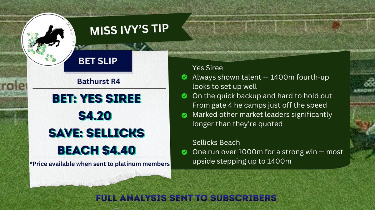 MissIvystips's tweet photo. * Today's Tip 🏇* :: 📍Bathurst R4
➡️ BET: Yes Siree $4.20 (TAB)
➡️ SAVE: Sellicks Beach $4.40 (TAB)
#bathurstraces #yessiree #sellicksbeach #horseracingtips https://t.co/HGa5nAVNfW