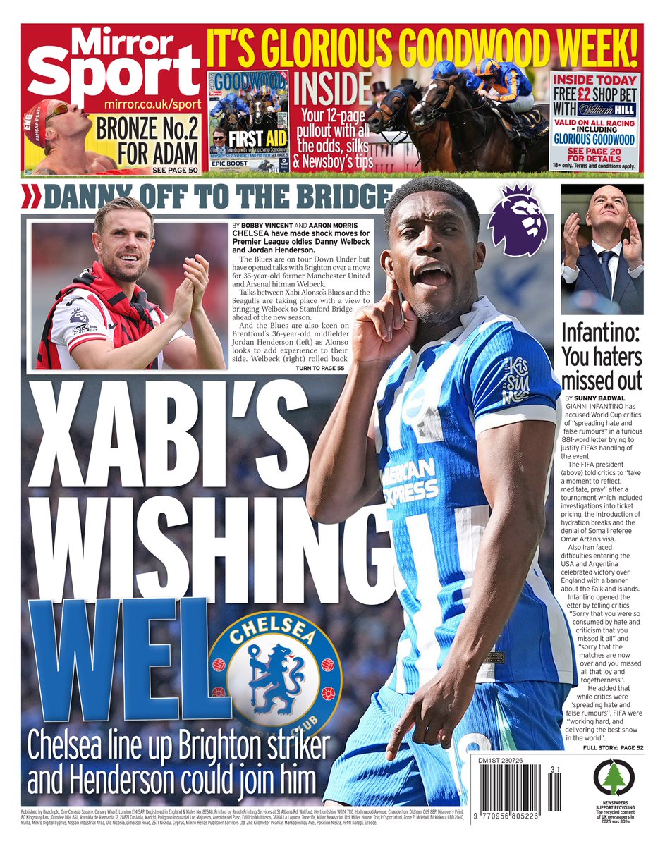 AndyGibsonTV's tweet photo. "XABI'S WISHING WEL"
@BobbyVincentFL / @ItsAaronMorris for @MirrorSport

Chelsea FC have made moves for Premier League veterans Danny Welbeck from Brighton & Hove Albion and Jordan Henderson from Brentford FC to bolster Xabi Alonso’s squad.

#DailyMirror
#TomorrowsPapersToday
