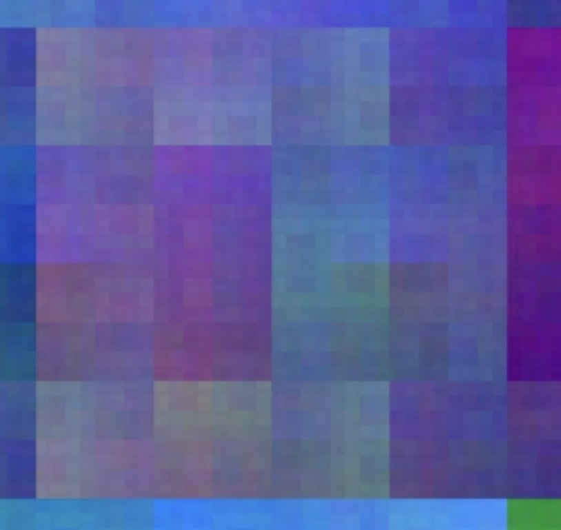 pseudofraser's tweet photo. @matthen2 So there are 64 pretty clear squares, most of which contain variations on the same colour, but there are a few which seem to vary pretty widely inside themselves. What's up with those? Is it an artefact of the mapping used, or more of an artefact of how we perceive colour? E.g.: https://t.co/mB8dslDJKY