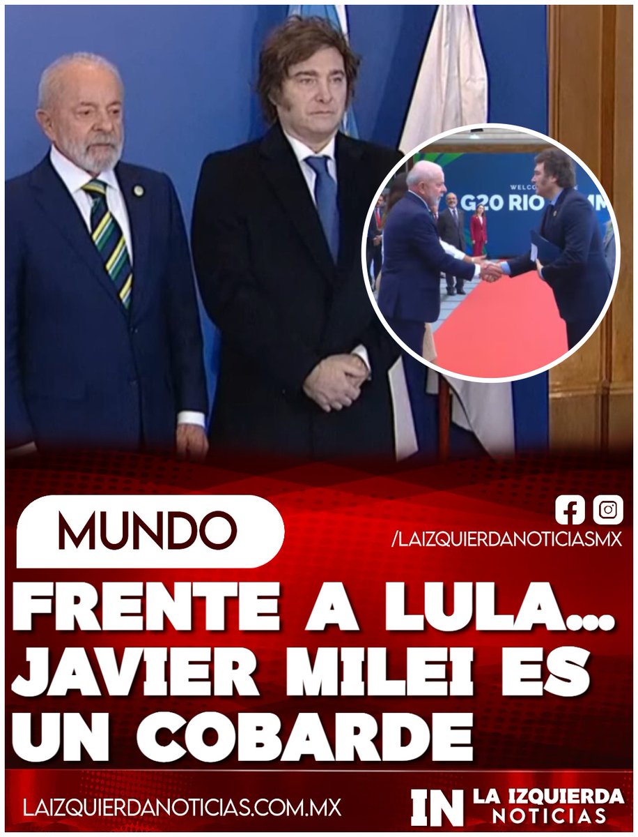 IzqNoticiasMx's tweet photo. ¡CAGÓN! Javier Milei llegó a un acto ultraderechista a lanzar insultos contra Lula Da Silva, pero cuando lo tuvo enfrente cambió el discurso: sonrisa nerviosa, chiste improvisado y apretón de manos. La bravata quedó reducida a espectáculo. Mucho ruido desde la tribuna, pero a la hora de dar la cara, silencio. El “valiente” de los discursos terminó mostrando otra cara.