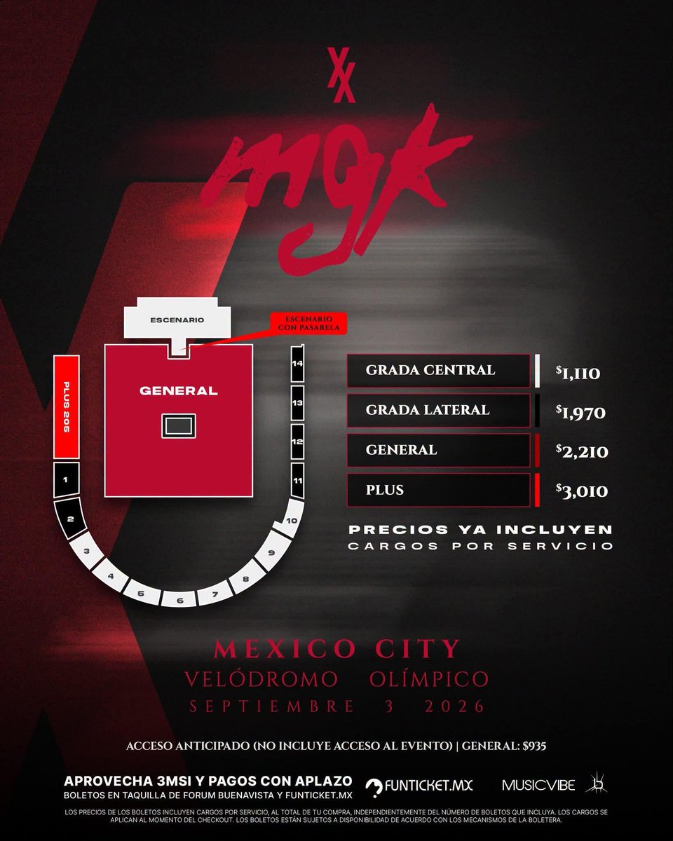 MGKMexico's tweet photo. 🚨 ¡Conoce el nuevo mapa para el concierto de MGK en CDMX, El show crece y ya puedes consultar la distribución de localidadeS
✨ Special Guest: Jessica Audiffred 📅 3 de sep📍Velódromo Olímpico. 🎟️ https://t.co/Fojaem6fgz y ahora puedes comprar tus boletos con Aplazo https://t.co/6ibK4AW6MY