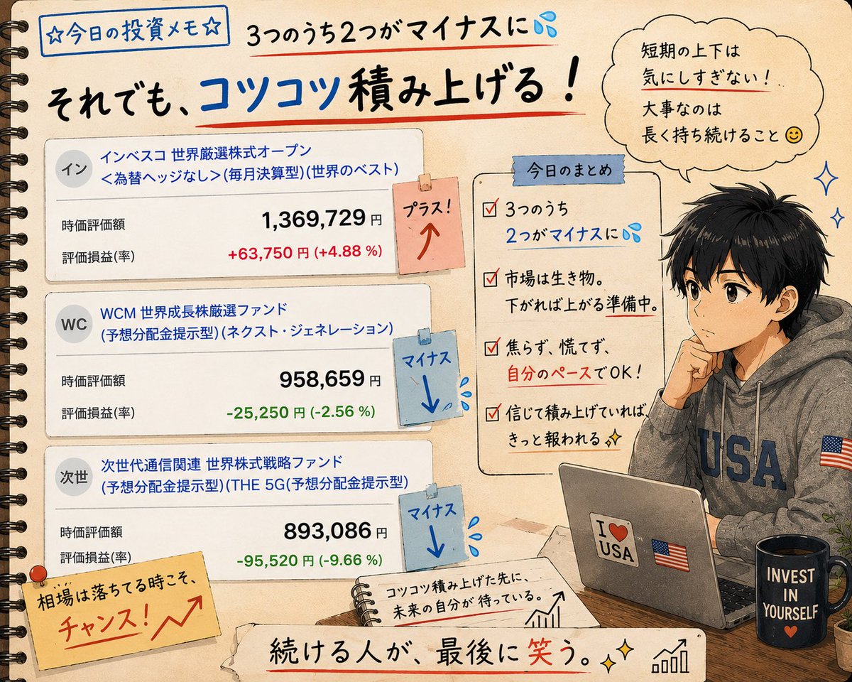 YuruUSIncome's tweet photo. ３つのうち、
２つがマイナスに💦

正直、気持ちのいい数字ではないです。笑

こんな時こそ
焦らずコツコツ。

下がる時もあれば、
上がる時もある。

今日も、
未来の自分を信じて積み上げます📈

みなさんなら、
こういう場面で買い増しますか？
それとも様子見ですか？

#投資 #米国株 #資産運用 https://t.co/N8YVtEMVNq