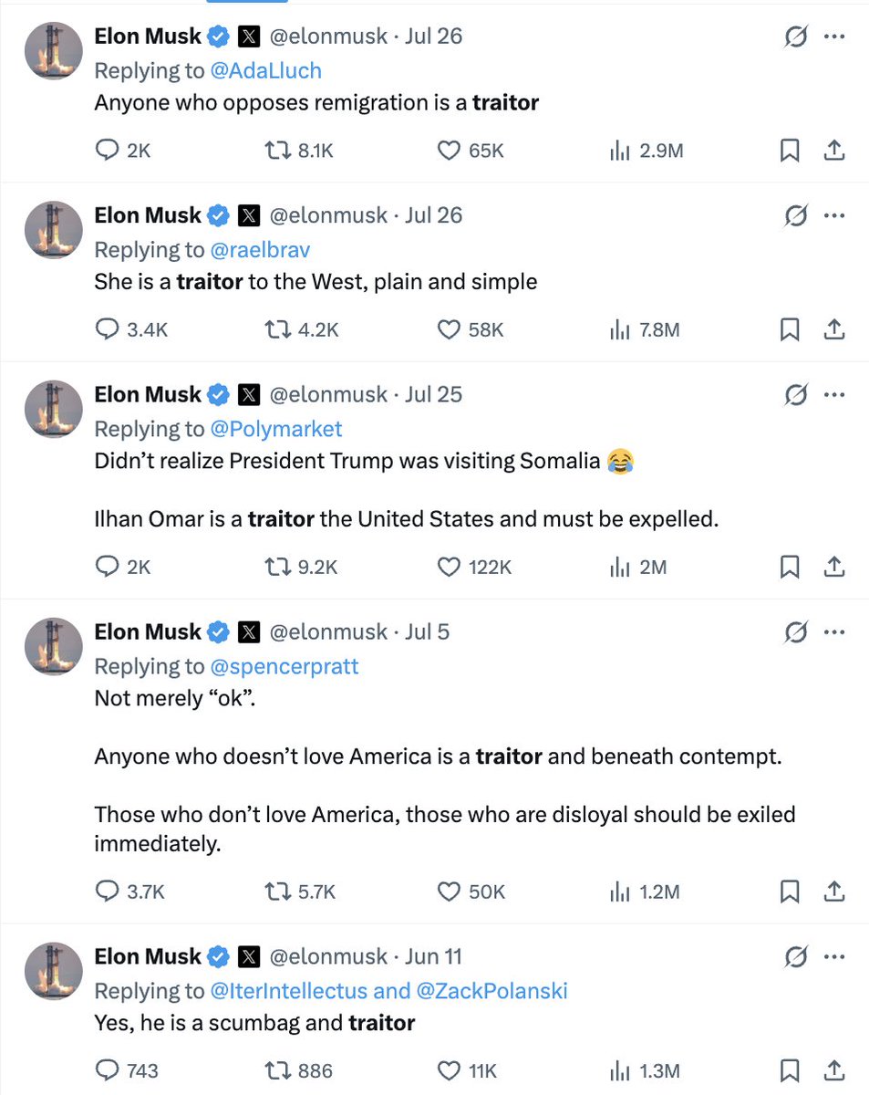 P_Kallioniemi's tweet photo. Musk is now calling anyone who disagrees with him on immigration a "traitor". Previously, he promoted a violent movie where a "vigilante" murders random immigrants, and retweeted a comment on it, “Always hang a traitor before you shoot an enemy”. https://t.co/EmhQnd4dam