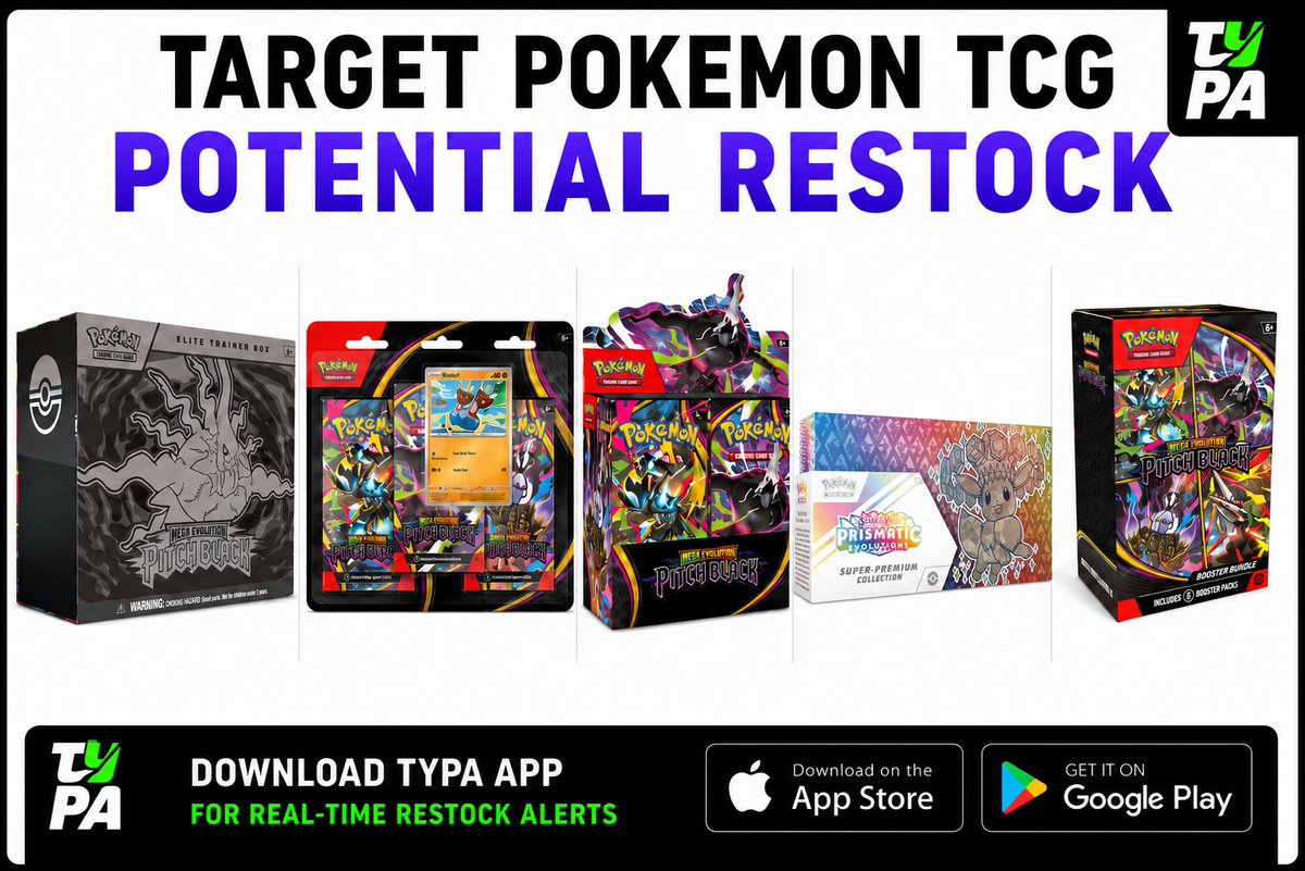 TYPAapp_Pokemon's tweet photo. 🎯Here is a look at all the Pokémon TCG products that Target will be restocking tonight at 07/28 12AM PST/3AM EST  

Prismatic Evolutions Super Premium Collection: https://t.co/VXF7zX5Qws
Pitch Black Elite Trainer Box: https://t.co/3vOoukuenf
Pitch Black Three-Booster Blister: https://t.co/lrZIzry9RJ
Pitch Black Booster Display: https://t.co/046AaMEpKE
Pitch Black Booster Bundle: https://t.co/VUtdOvNX60 
Chaos Rising Booster Bundle: https://t.co/luBlUYeShx
Mega Greninja ex Premium Collection: https://t.co/rqSu3ChLM8

📲 Download TYPA for FREE Instant Pokemon TCG Product Availability Alert!
iOS & Android: https://t.co/p8jUzEUEGF 

#Pokemon #PokemonTCG #ad #TYPA #typaapp