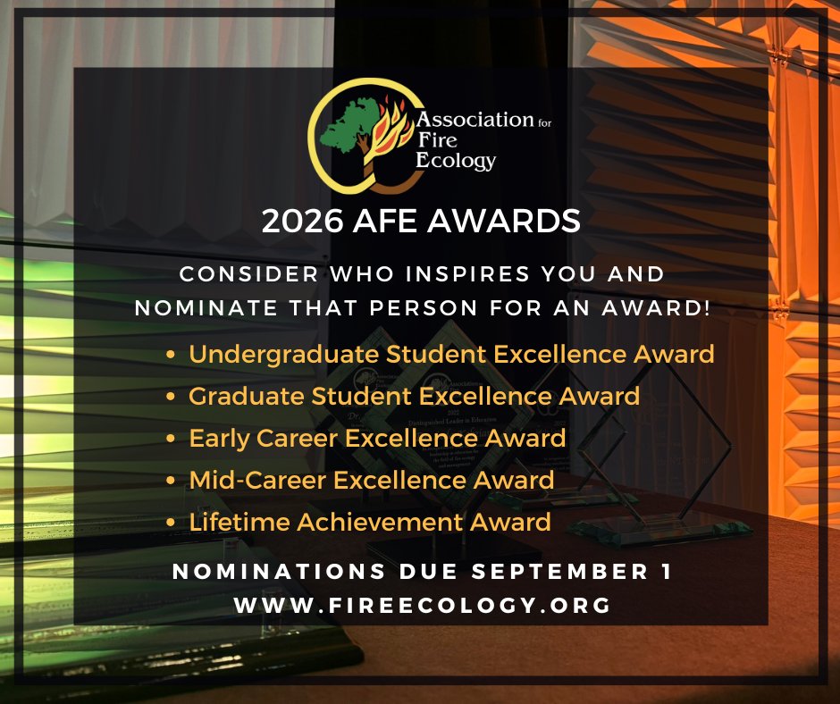 fireecology's tweet photo. Each year, the Association for Fire Ecology celebrates the accomplishments of exceptional individuals in the field of fire ecology and management. 🔥We are accepting awards nominations until September 1 - see https://t.co/RtI21dEB1K for more details on how to nominate someone! https://t.co/qkdHQg9oIl