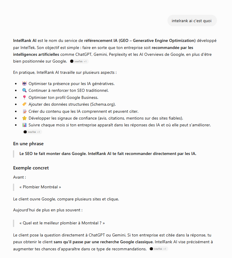 intel_tek's tweet photo. J'ai demandé à ChatGPT « intelrank ai c'est quoi ».
4 mots, zéro contexte.
Il a répondu au complet et cité mon site 3 fois comme source.
Google donne 10 liens. ChatGPT en donne 2-3.
C'est là que ça se joue.
https://t.co/5FkX3QNSYw
#GEO #PMEQuebec https://t.co/62Peh3m9Lh