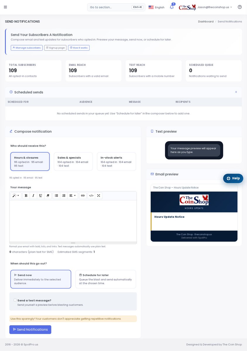 SpotPro1776's tweet photo. Gold $4,073.00 · Silver $58.25 · Pt $1,614.00 · Pd $1,271.00

SMS when an order is ready — modern customer care from SpotPro.
#ShopTools #Messaging #CoinDealer

https://t.co/gZhRoT08cC https://t.co/6O2POYrcKs