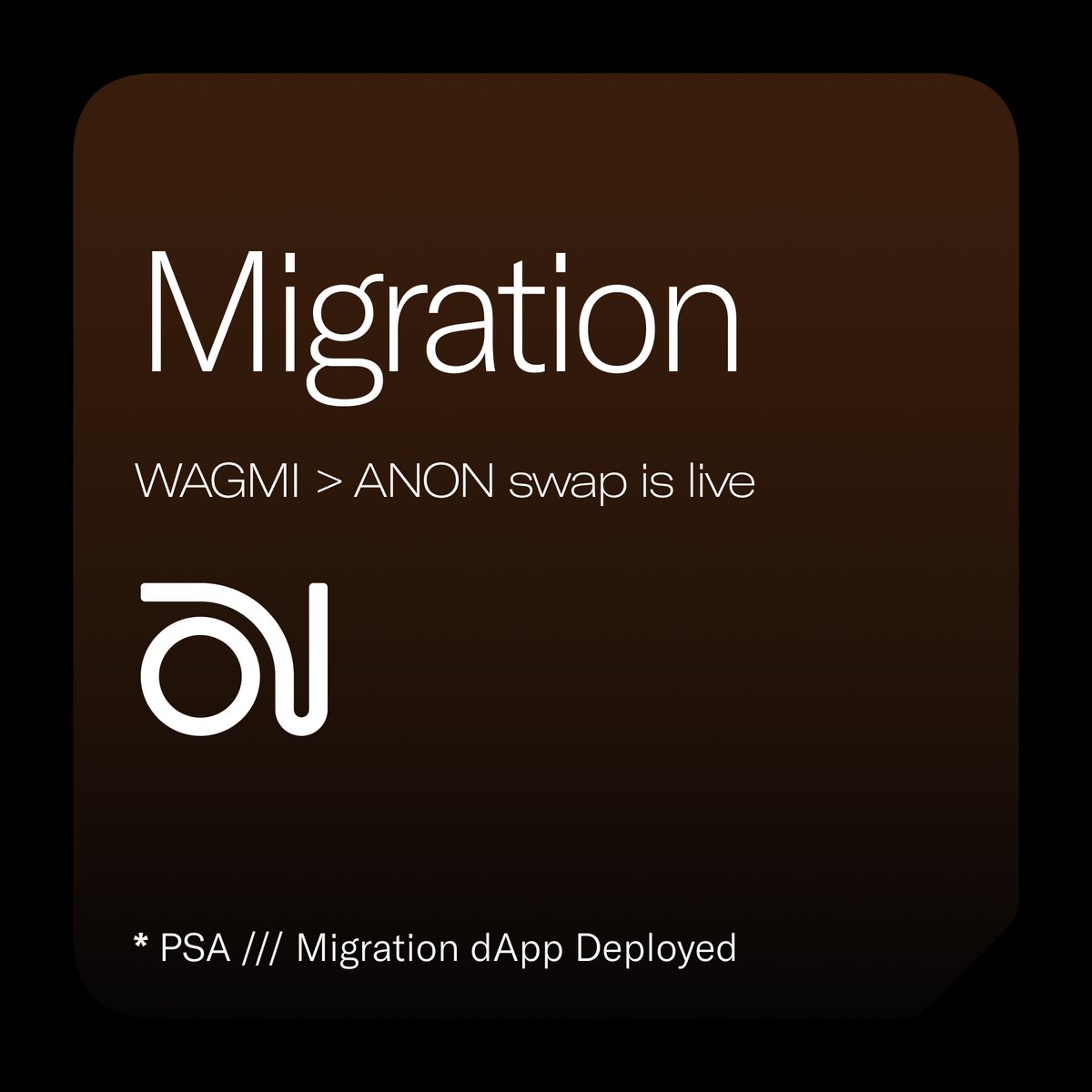 HeyAnonai's tweet photo. Token Migration Portal is Live

→ Swap $WAGMI on Sonic or Ethereum into $ANON.

→ Rate is calculated on 10 day moving average.

→ You have one week to migrate.

https://t.co/ZnJknOHBxz