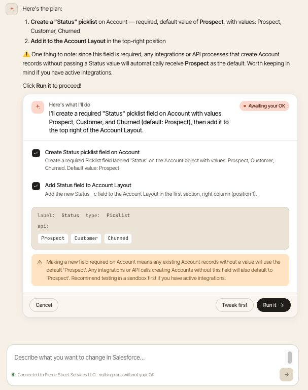 bmborbs's tweet photo. very happy with how Cleona is working for me. Its taking care of all the basic #salesforce admin tasks for me. I just prompt it what I need and Cleona is doing the rest https://t.co/L65hbBEu4l