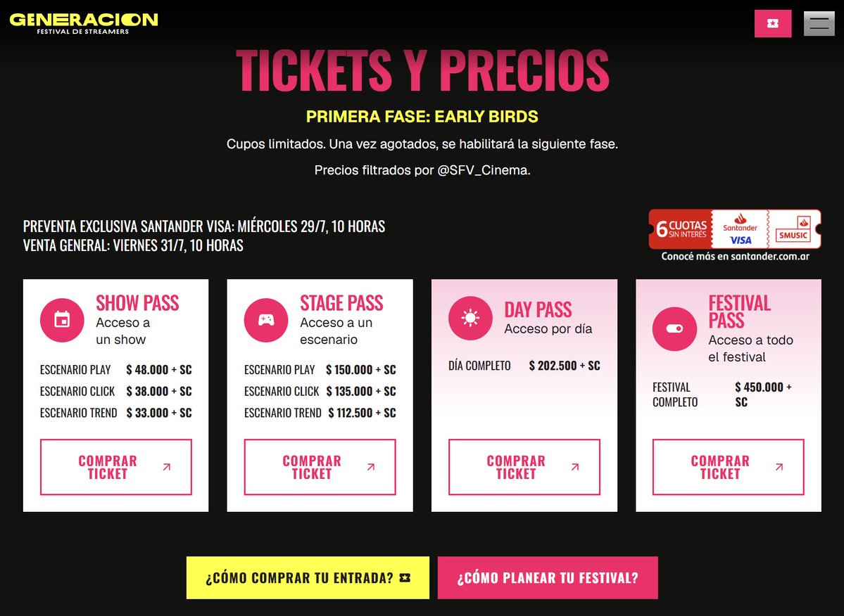 SFV_Cinema's tweet photo. 🏟️ GENERACION - FESTIVAL DE STREAMERS 🏟️

📅 11, 12 y 13 de Diciembre en BA Ferial (ex Costa Salguero)
💵 Precios finales filtrados (service incluido)

🎟️ Escenario Trend (Show Pass): $37.950 ARS
🎟️ Escenario Click (Show Pass): $43.700 ARS
🎟️ Escenario Play (Show Pass): $55.200 ARS
🎟️ Escenario Trend (Stage Pass): $129.375 ARS
🎟️ Escenario Click (Stage Pass): $155.250 ARS
🎟️ Escenario Play (Stage Pass): $172.500 ARS
🎟️ Day Pass: $232.875 ARS
🎟️ Festival Pass: $517.500 ARS