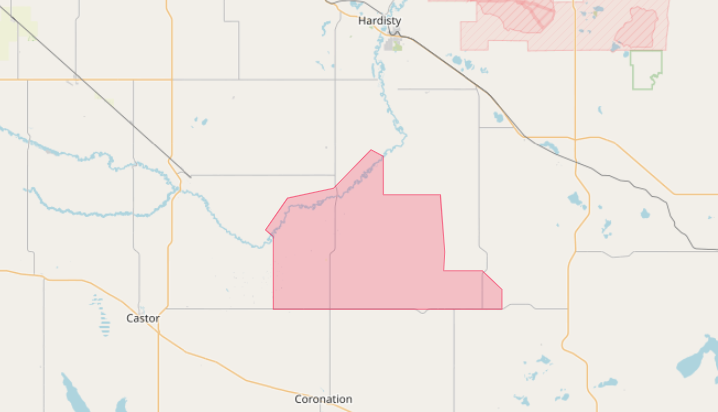 AB_EmergAlert's tweet photo. This is an Alberta Emergency Alert. Environment Canada has updated a Tornado Watch.

This alert is in effect for Co. of Paintearth near Brownfield.

Conditions are favourable for the development of severe thunderstorms which may produce tornadoes. Strong winds, large hail and heavy rain are also possible.
The greatest risk for tornadoes will be through 7 PM local time. 
Any storm with the potential to produce tornadoes will be accompanied by hail up to the size of baseballs.

In the event of a tornado, or if a tornado warning is issued for your area: 
Go indoors to a room on the lowest floor, away from outside walls and windows, such as a basement, bathroom, stairwell or interior closet.
Leave mobile homes, vehicles, tents, trailers and other temporary or free-standing shelter, and move to a strong building if you can.
As a last resort, lie in a low spot and protect your head from flying debris.
If you hear a roaring sound or see a funnel cloud, swirling debris near the ground, flying debris, or any threatening weather approaching, take cover immediately.
When out on the water, if threatening weather approaches make for shore and take shelter immediately. 
It is dangerous to be on a small craft on the open water when lightning is occurring.

To report severe weather, send an email to ABstorm@ec.gc.ca, call 1-800-239-0484 or post reports on social media using #ABStorm.
https://t.co/jv01mbjQTs #ABemerg #ABtornado