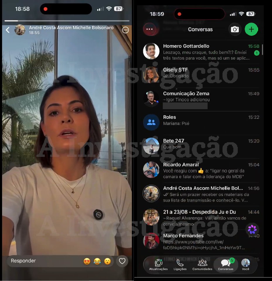 republiqueBRA's tweet photo. 🚨 💬 Vídeo da reconciliação entre Michelle Bolsonaro e Flávio Bolsonaro exibe, nos segundos finais, a tela de conversas do WhatsApp de quem gravava o material; print acidental expôs conversas atribuídas a um jornalista do Brasil 247 com a Secom do STF, um grupo de Romeu Zema e o assessor de Michelle Bolsonaro, André Costa, com oferta de materiais ao site de esquerda.