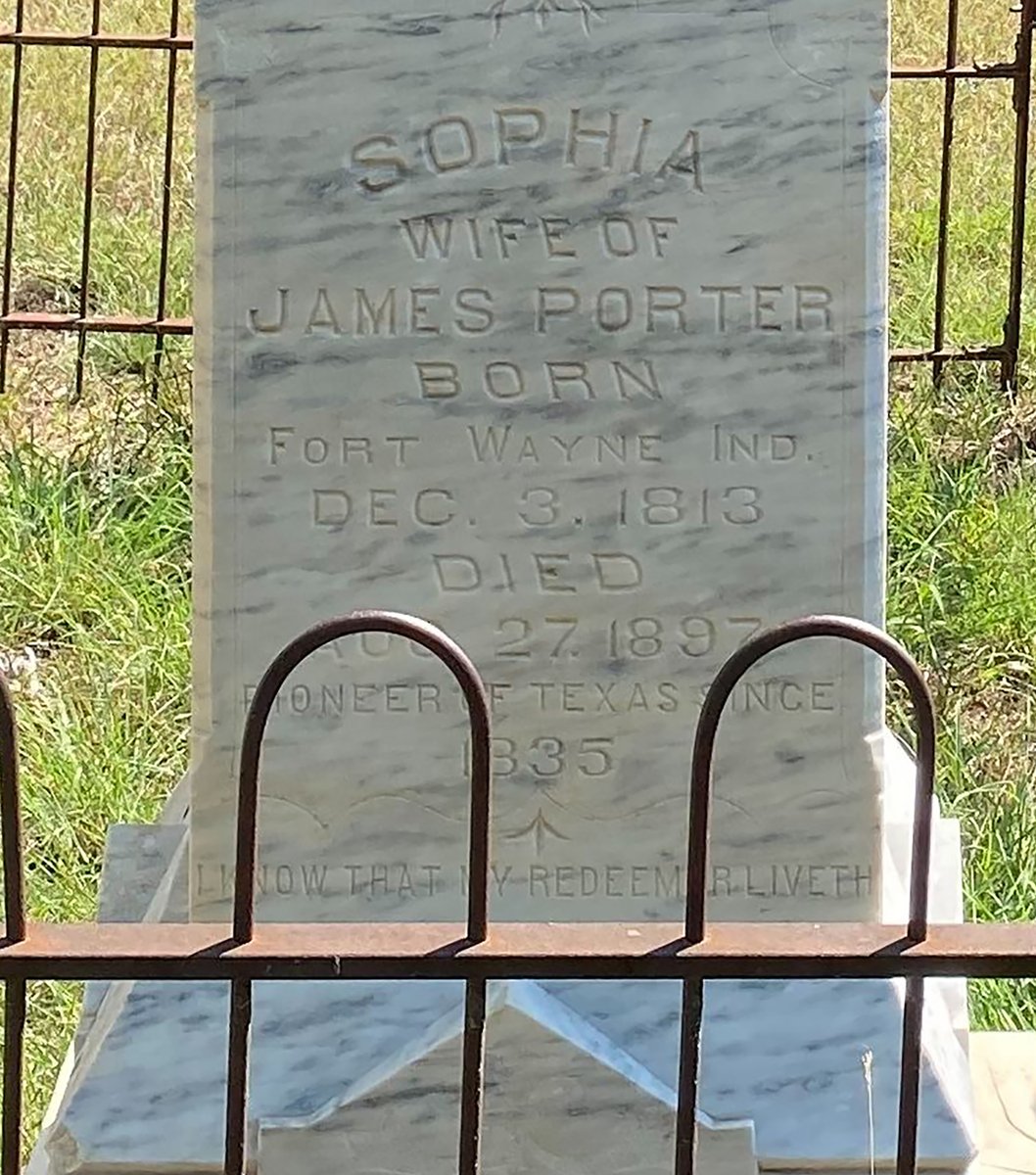 TracesofTexas's tweet photo. If you go to the Preston Bend graveyard about 10 miles north of Pottsboro in Grayson county --- which is one of the prettiest cemeteries in Texas, by the way ---- you will find the grave marker shown here, that of Sophia Suttenfield Aughinbaugh Coffee Butts Porter. Sophia's marker is very nice, as you can see, and you can also see that she lived a long life, 81 years. What the marker doesn't tell you is that, during the Civil War, Sophia was a spy for the Confederacy.

I need to back up. Sophia was born Sophia Suttenfield in 1813 in Fort Wayne, Indiana. She came to Texas in 1835 as the bride of James Aughinbaugh, who deserted her during the Runaway Scrape in 1836. But Sophia was considered beautiful and glamorous and didn't remain single long: she caught the eye of a trader named Holland Coffee. When they wed in Washington-on-the-Brazos in 1837, Sam Houston was one of the guests.

The newly married couple moved to a stockade trading post that Coffee had built at Preston, Texas, which now lies beneath the waters of Lake Texoma. Coffee built a very nice two-story house for Sophia, a place known throughout the countryside as the finest in North Texas. Unfortunately, Coffee was killed in a duel in 1846 so Sophia was a widow once again.

After Coffee's death, Sophia married Major George Butts, but he died just a few years later. Undaunted, Sophia married a fourth and final time to Judge James Porter from Waco. The judge knew a good thing when he saw it and Sophia's house was definitely a good thing. The couple lived the remainder of their lives in Sophia's house.

Sophia is best remembered today not for her beauty/glamor but for her services as a spy on behalf of the Confederacy. She frequently garnered military secrets and plans from conversations with officers and soldiers from Union patrols that occasionally passed through, then passed that information on to Texan authorities.

Perhaps the best story is this one: Sophia saved Confederate commander James Bourland, who was responsible for the border area along the Red River, from arrest by federal troops. The federal troops appeared at her doorway, seeing information on Bourland's whereabouts. Sophia knew Bourland's whereabouts on account of he and his men had passed through a couple of days earlier, on their way to Fort Washita.

Sophia went into action. She hosted the Union soldiers at her nice house and opened up her wine cellar to them, entertaining them into the wee hours. As the party was rockin', she slipped away into the darkness to warn Bourland. Being that all the horses were ranging in the pastures, she thought that trying to catch one might make so much noise that she would be detected, so she saddled and bridled a mule in her own barn, swam it across the Red River in the middle of the night, caught up with Bourland, warned him, and returned before the drunken soldiers woke up the next day. They never suspected a thing.

Major Butts died in 1886, but Sophia lived another eleven years. As you can see, part of her tombstone reads "a Pioneer of Texas since 1835."

And now you know the rest of the story. Good day.