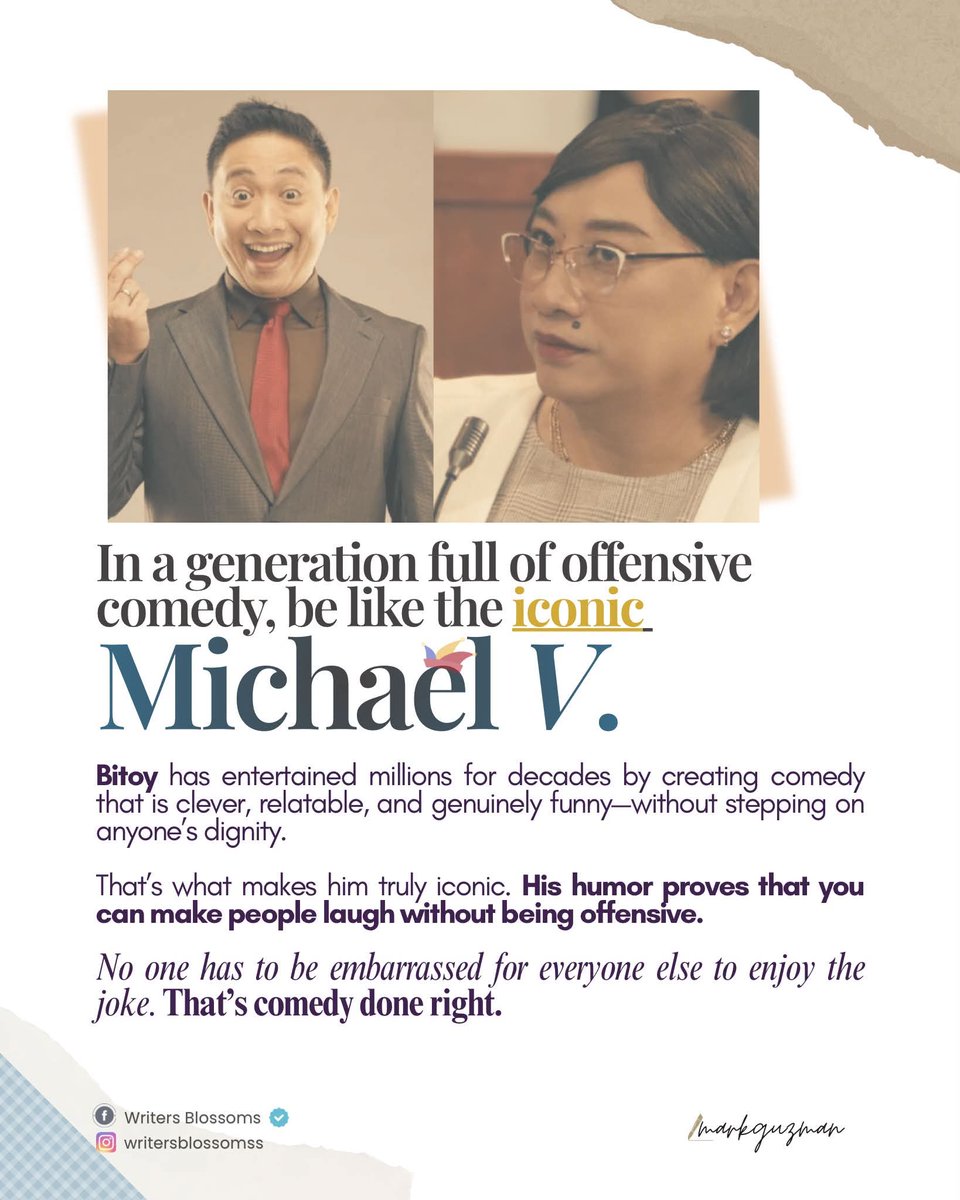 Mynameisrain29's tweet photo. In a generation full of offensive comedy, be like the iconic Michael V. 🙌

Bitoy has entertained millions for decades by creating comedy that is clever, relatable, and genuinely funny—without stepping on anyone’s dignity.

That’s what makes him truly iconic. His humor proves that you can make people laugh without being offensive. 

No one has to be embarrassed for everyone else to enjoy the joke. That’s comedy done right.

CTTO. Mark | Writer’s Blossoms.