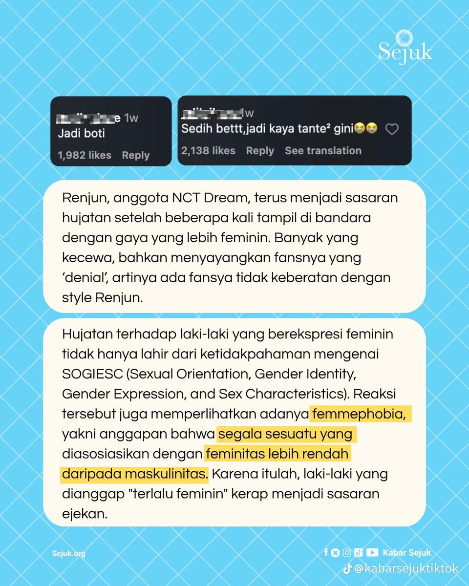 meineagape's tweet photo. Found this post yang menggali deep down tentang diskriminasi terhadap ekspresi gender Renjun. Semua berakar dari ketidaktahuan, budaya/didikan sosial yang salah, dan standar ganda.
Fenomena Femmephobia ditengah perjuangan kesetaraan gender dan hak asasi. Datang tidak hanya dari - https://t.co/dpjldgk8ua