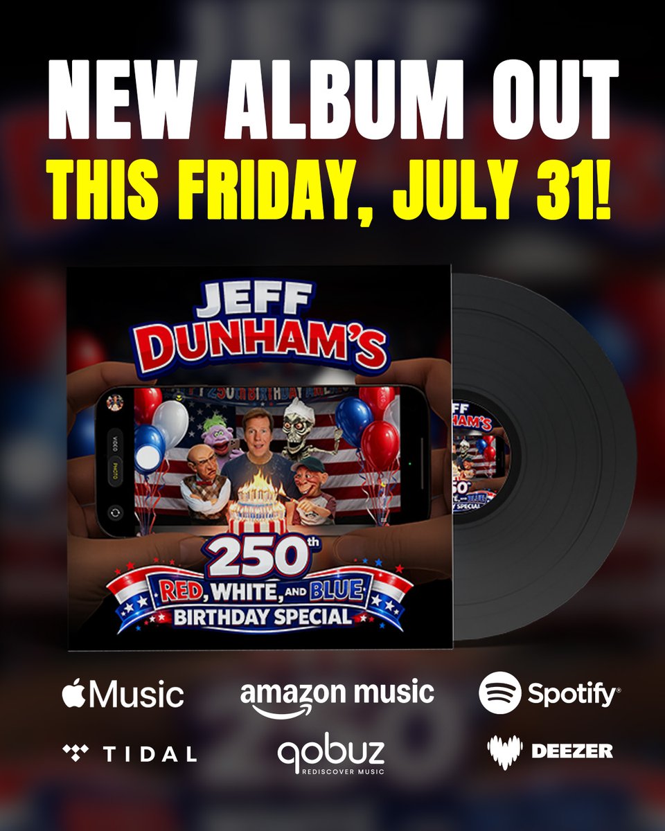 comedydynamics's tweet photo. We’re thrilled to be partnering with @jeffdunham to bring you most latest special and album, Jeff Dunham’s 250th Red, White &amp; Blue Birthday Special!

Listen to the albu, THIS FRIDAY JULY 31 and watch the full special on Tuesday, October 6! #jeffdunham #comedy #standupcomedy https://t.co/3ZPZ1pjoi9
