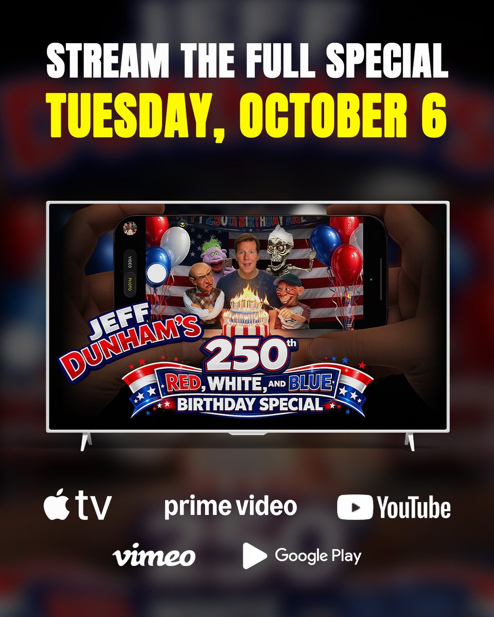 comedydynamics's tweet photo. We’re thrilled to be partnering with @jeffdunham to bring you most latest special and album, Jeff Dunham’s 250th Red, White &amp; Blue Birthday Special!

Listen to the albu, THIS FRIDAY JULY 31 and watch the full special on Tuesday, October 6! #jeffdunham #comedy #standupcomedy https://t.co/3ZPZ1pjoi9