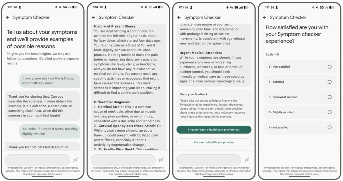 GoogleForHealth's tweet photo. New from @GoogleResearch: A study exploring how conversational AI might conduct end-to-end symptom interviews and differential diagnostic assessment for research benchmarking purposes. 

Learn more about this first-of-its-kind, national-scale study: https://t.co/BUaUN0LtNK https://t.co/wG2wXTlcaH