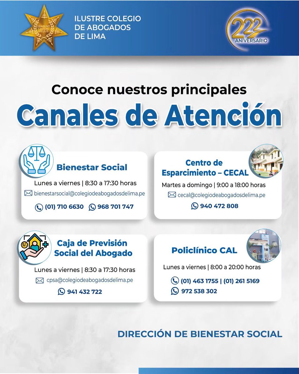 CALPERUOFICIAL's tweet photo. 📲⚖️ ¡Conéctate con el Ilustre Colegio de Abogados de Lima!
La Dirección de Bienestar Social pone a tu disposición sus principales canales de atención para brindarte información y orientación de manera rápida y oportuna. https://t.co/Pmv4Suiwkj