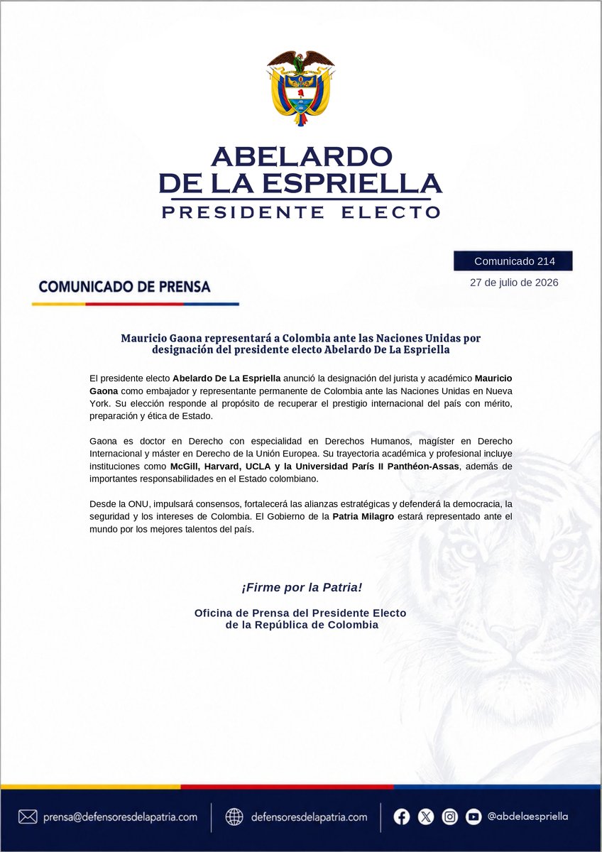 Teleantioquia's tweet photo. El presidente electo, Abelardo de la Espriella, designó al abogado Mauricio Gaona como embajador de Colombia ante las Naciones Unidas. 

Gaona, doctor en Derecho, "impulsará consensos, fortalecerá las alianzas estratégicas y defenderá la democracia y los intereses de Colombia" en el organismo multilateral.