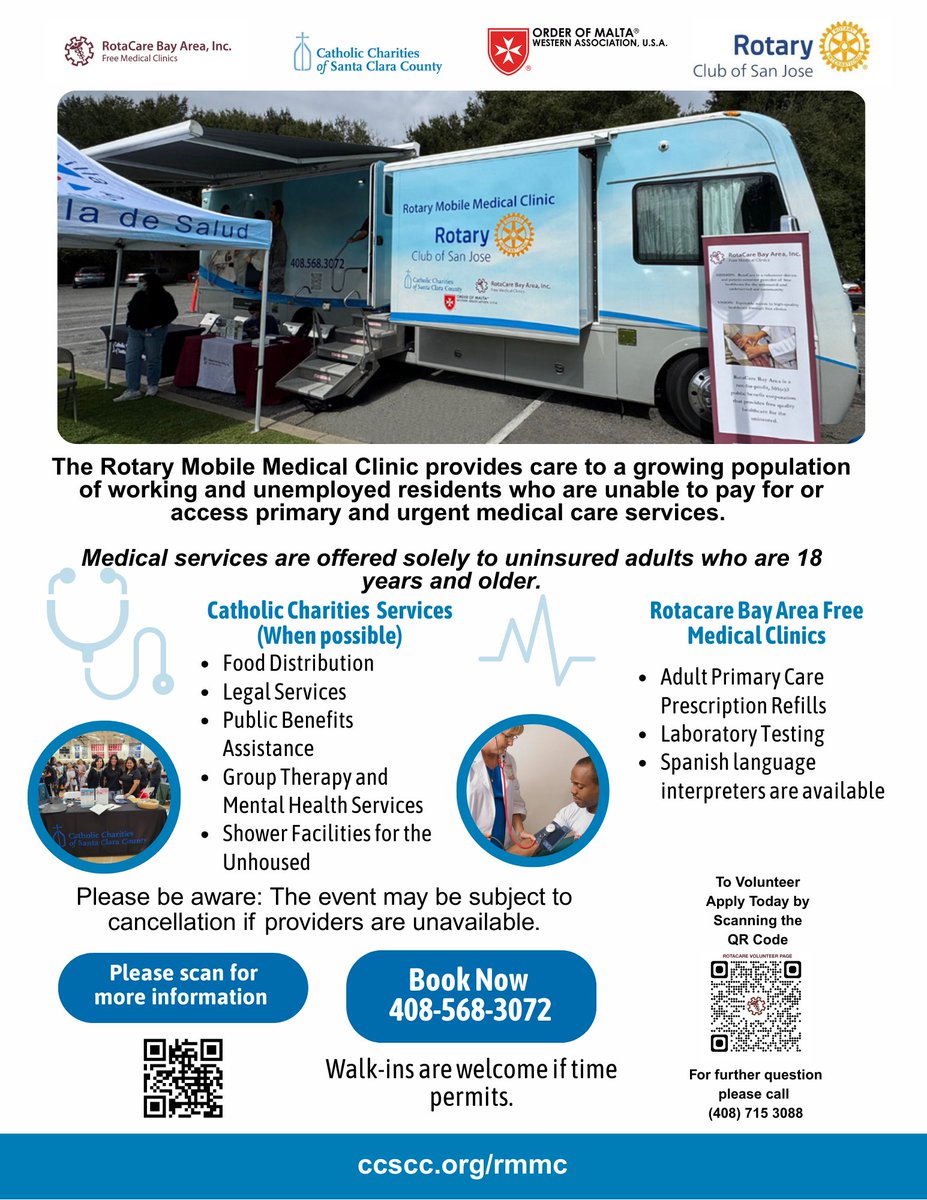 CatholicCharSCC's tweet photo. Do you need medical care but don’t have insurance?
The Rotary Mobile Medical Clinic proudly provides FREE medical services to individuals and families in need.
Check our schedule and upcoming clinics: https://t.co/Uy3GINec1r
#FreeMedicalCare #CommunityHealth #ThankYouPartners https://t.co/q14M2NBvih