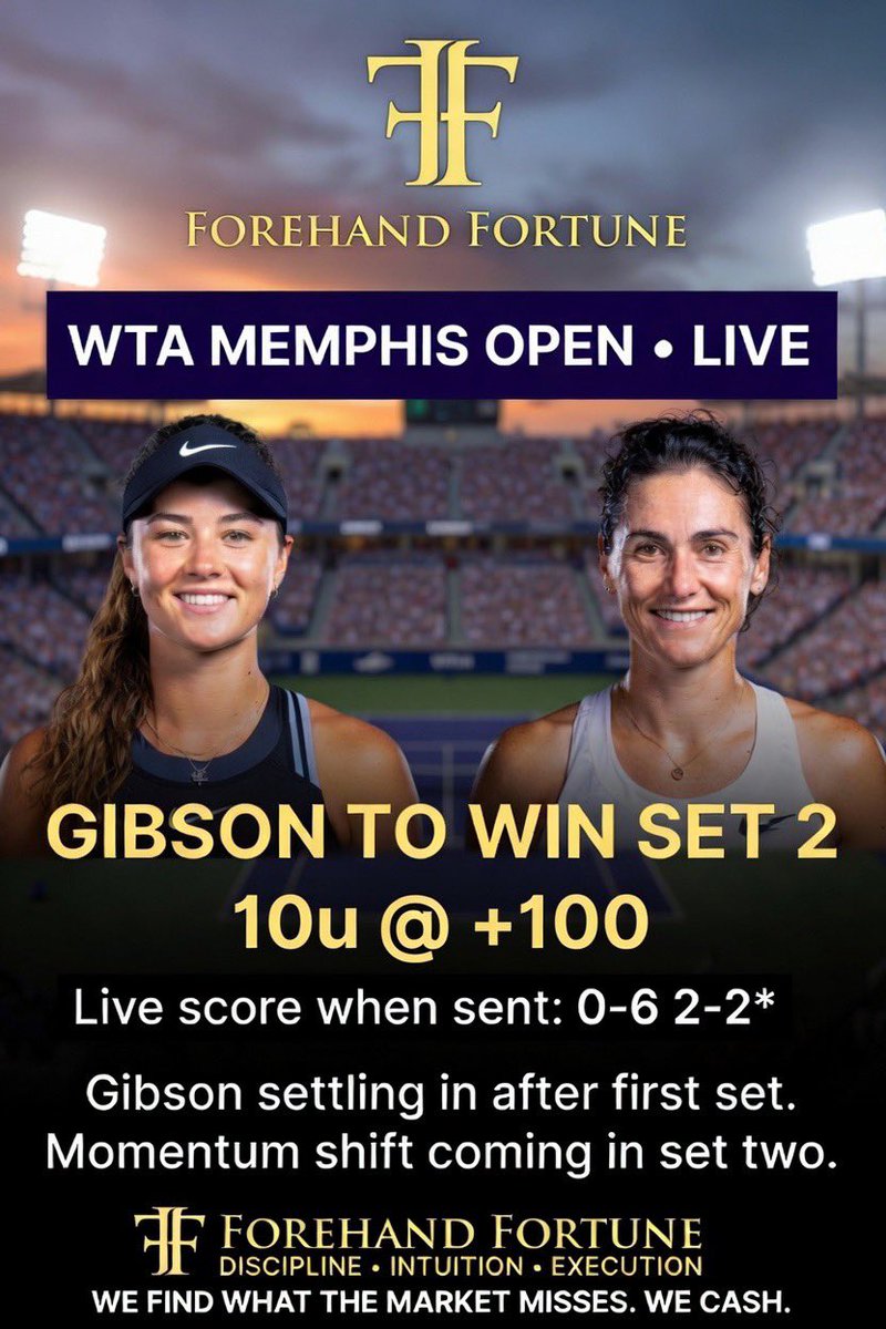 forehandfortune's tweet photo. LIVE | Memphis
TALIA GIBSON to win Set 2
10u @ +100
(score when sent: 0-6, 2-2*)
First set was a write-off. She’s settling now.
Like the number here.
#Tennis #WTA #TennisBetting #SportsBetting #TaliaGibson #MemphisOpen #LiveBetting #FreePick #TennisPicks https://t.co/3W2WJmlLa5