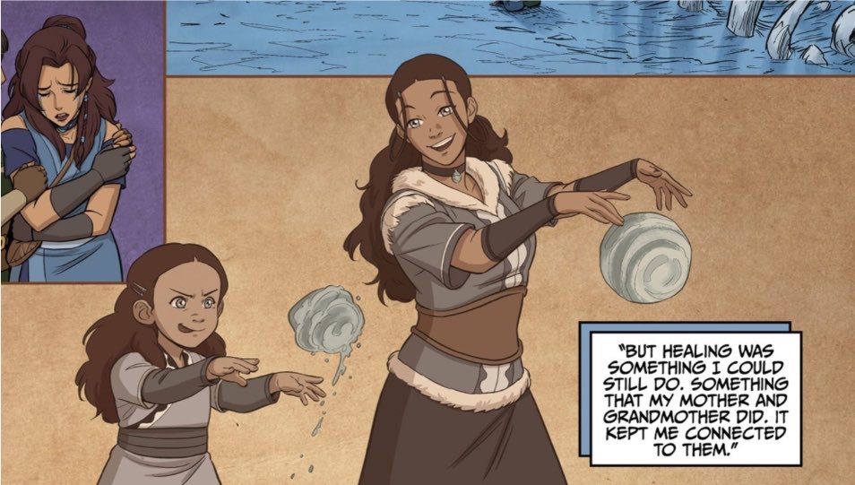 katarathinking's tweet photo. imagine how healing this must’ve been for katara… the culture her mother died protecting is now something she can pass down to her daughter freely, without any fear 🥺 https://t.co/LQxqy4nUE6
