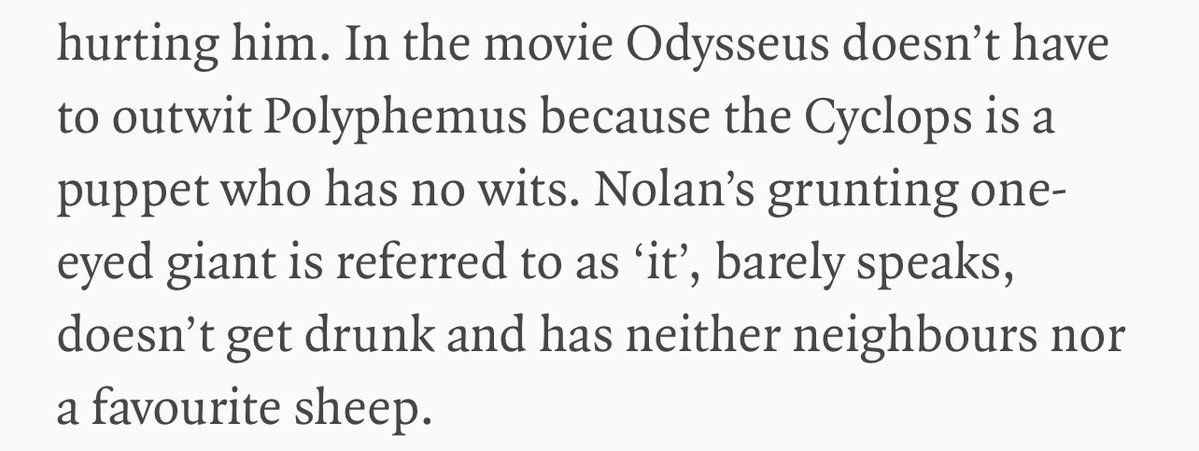 UnderstanderArt's tweet photo. Sorry to keep the discourse about Emily Wilson’s review of The Odyssey going, but one thing that bothers me is how she reads Nolan’s handling of Polyphemus. https://t.co/ROyNlFxAEz