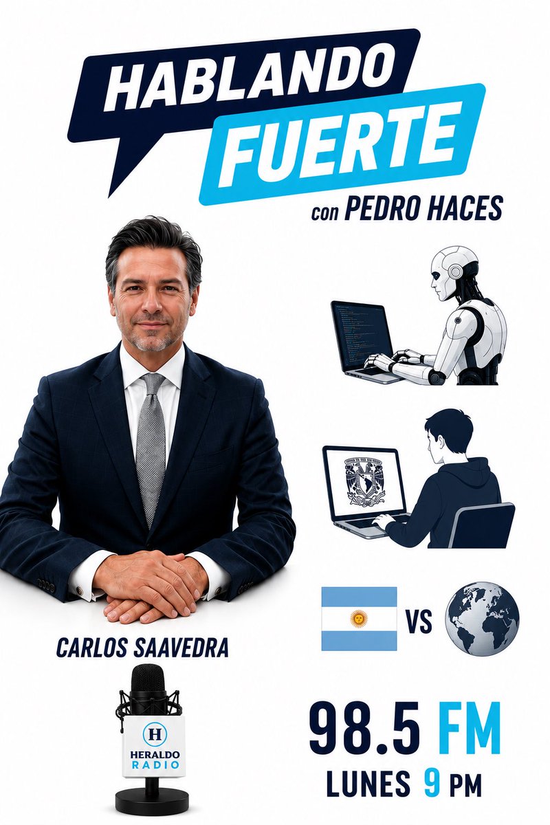carlosdecimo's tweet photo. Hoy en Hablando Fuerte con @PedrohacesO 📻

🤖La IA toma el control
Lo platicaremos con @Pizu 

El proceso de admisión a la @UNAM_MX a debate 🖥️🚨

Argentina 🇦🇷 🆚🌎 el resto del mundo 

A las 9pm @heraldoradio_ 98.5 FM https://t.co/e0DZWaR5hg