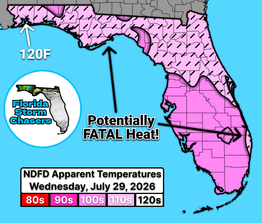 FLStormChasers_'s tweet photo. 🥵POTENTIALLY FATAL HEAT UP TO 120F!🥵
UPDATE: Models have been trending even hotter, with the NWS now forecasting that the heat wave will push heat indices up to 120 DEGREES! This heat can be FATAL without adequate cooling, so make sure to stay hydrated!