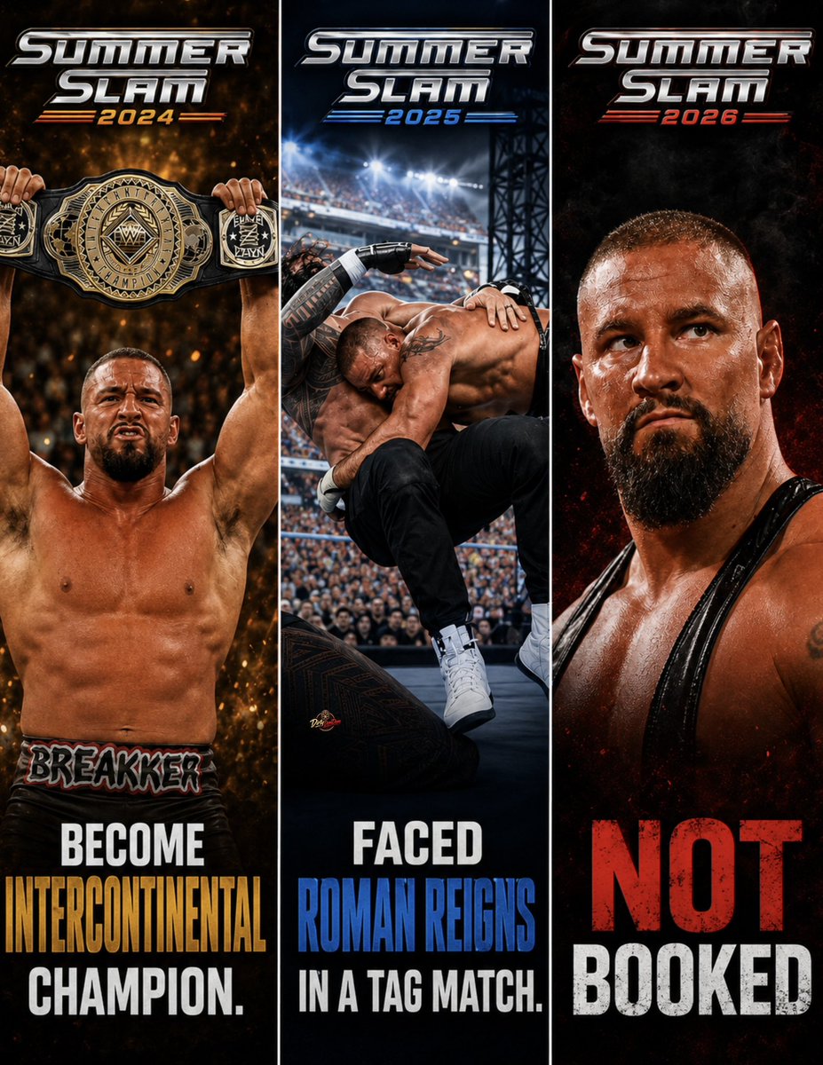 DirtyDomDom's tweet photo. Bron Breakker is the perfect example of what happens when you mention CM Punk’s wife in a promo.

2024: 🏆 Intercontinental Champion.
2025: 💥 Facing Roman Reigns.
2026: 🚫 Watching SummerSlam from the locker room.

Tell me that’s not a massive downgrade. https://t.co/hHA9idWlQ1