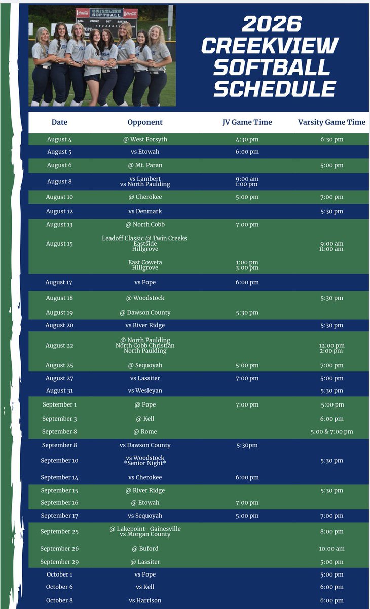 CreekviewSB's tweet photo. 2026 Schedule https://t.co/yRC7sAdKXb