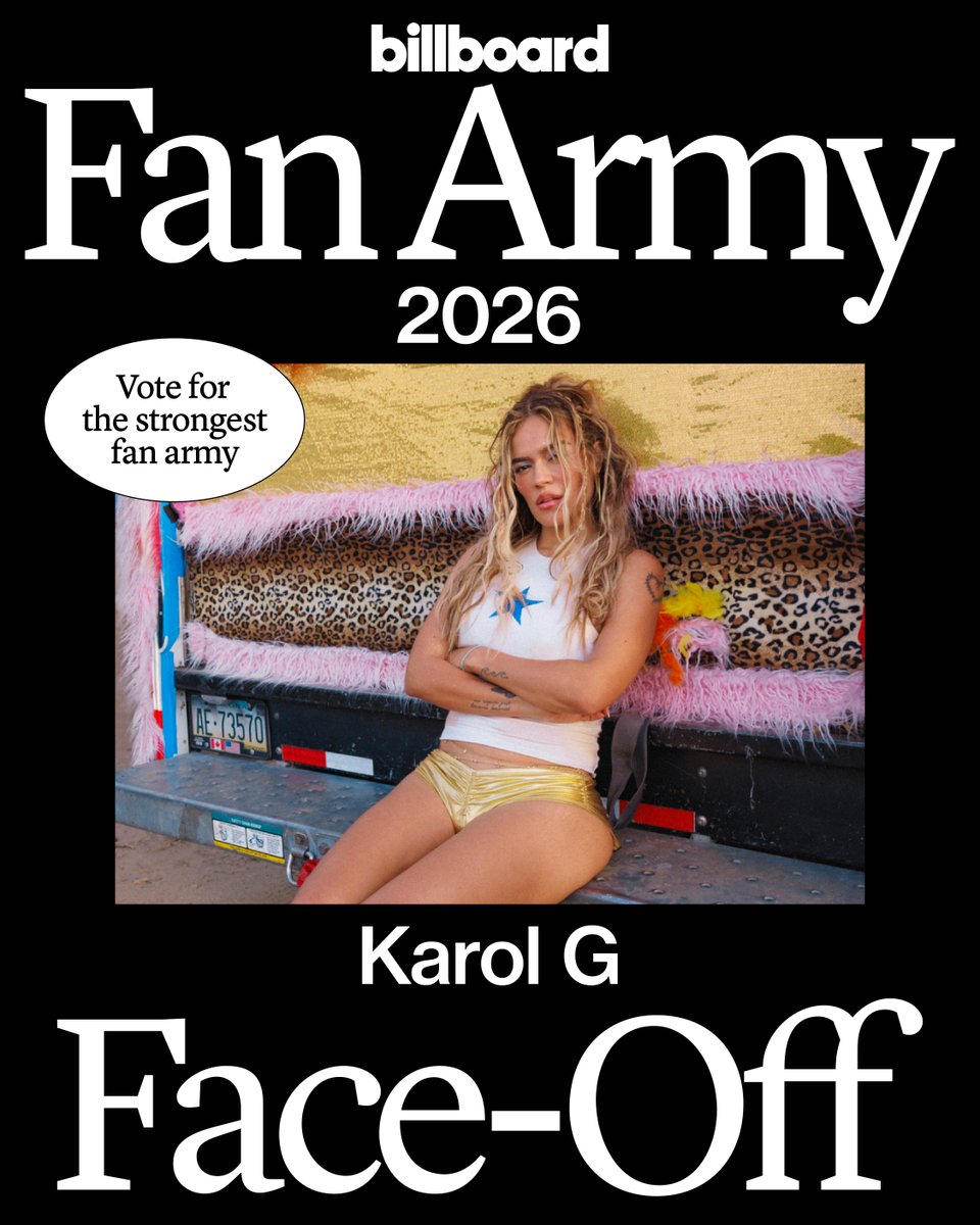 billboard's tweet photo. #Bichotas, it’s all on you! 💯 Vote now and help Karol G advance to the next round of #BBFanArmy2026: https://t.co/EGQel8MVe5 https://t.co/5n4vaynH7o
