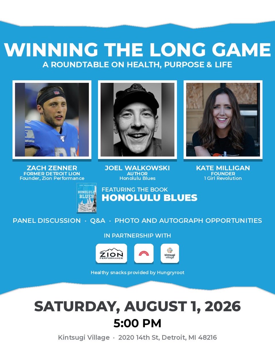 theBigWalkowski's tweet photo. My little book, my Honolulu Blues, has had such a warm welcome into the world but this might take the cake. 

This Saturday August 1st, I will be joined by Lions alumni &amp; eternal fan favorite Zach Zenner for “Winning the Long Game: A Roundtable on Health, Purpose &amp; Life." https://t.co/bnQs5V6b6y