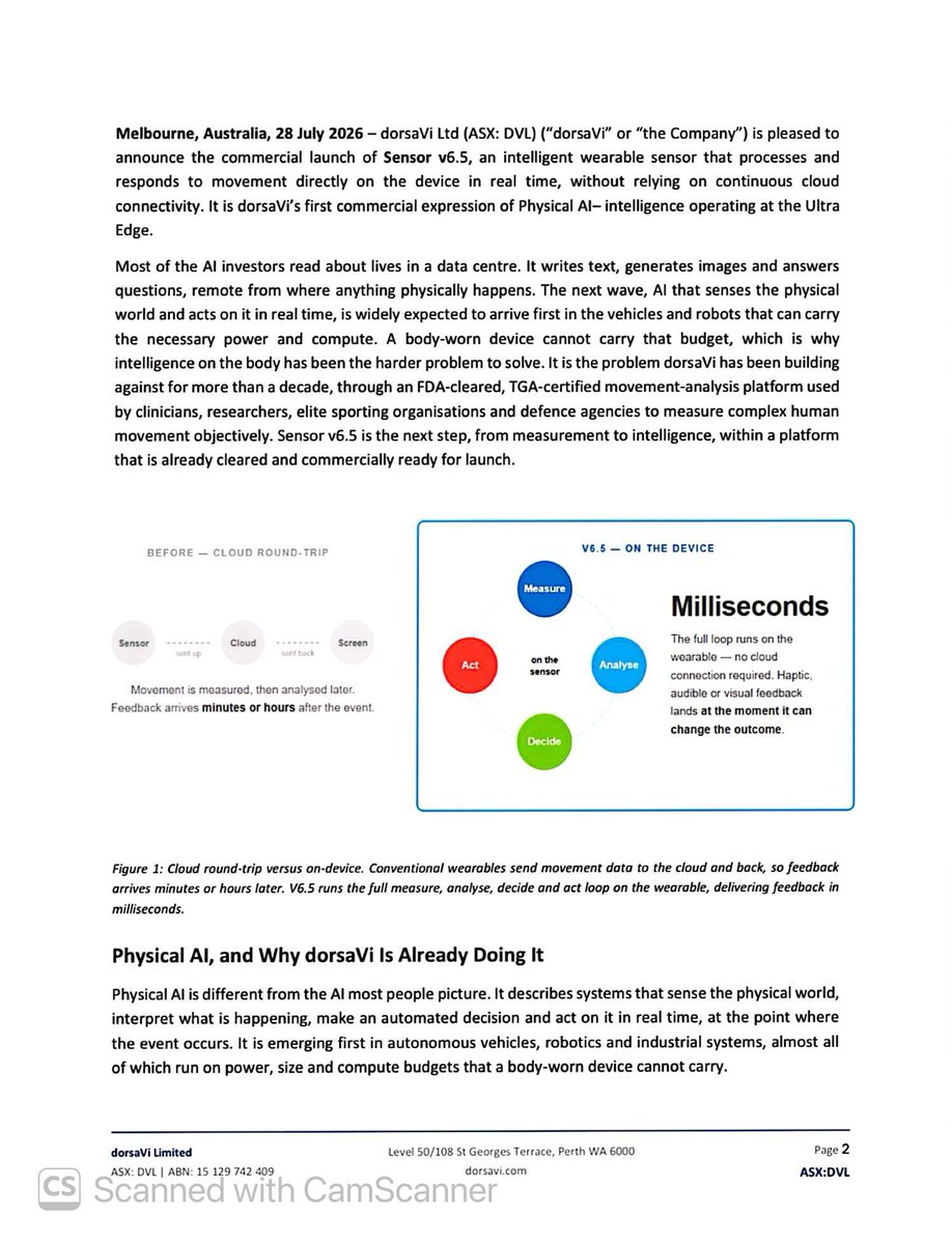 SalvadorMaurice's tweet photo. $DVL

dorsaVi Unveils v6.5 Sensor, a #Critical #Launchpad for its #Physical #Al #Infrastructure Strategy

Completion of a Physical Al wearable, built on dorsaVi's #FDA-#cleared, #TGA-#certified platform, that decides and acts on movement in real time, marking a key step in the Company's Ultra-Edge commercialisation strategy…

Intelligence at the Point of Sensing Sensor v6.5 performs analysis and decision-making on the sensor itself, removing the latency, bandwidth and power cost of sending data to the cloud and back. This places dorsaVi within the wider shift of Al processing and toward the devices that sense the physical world…