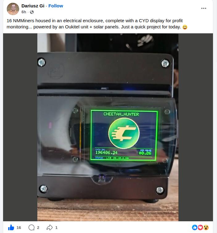 cheetahcoindev's tweet photo. Cheetahcoin mining fun powered by solar panel + CYD display for profit monitoring CHTA balance.  A facebook member jumped on newly released community software CHEETAH_HUNTER! https://t.co/k68kByAQv8