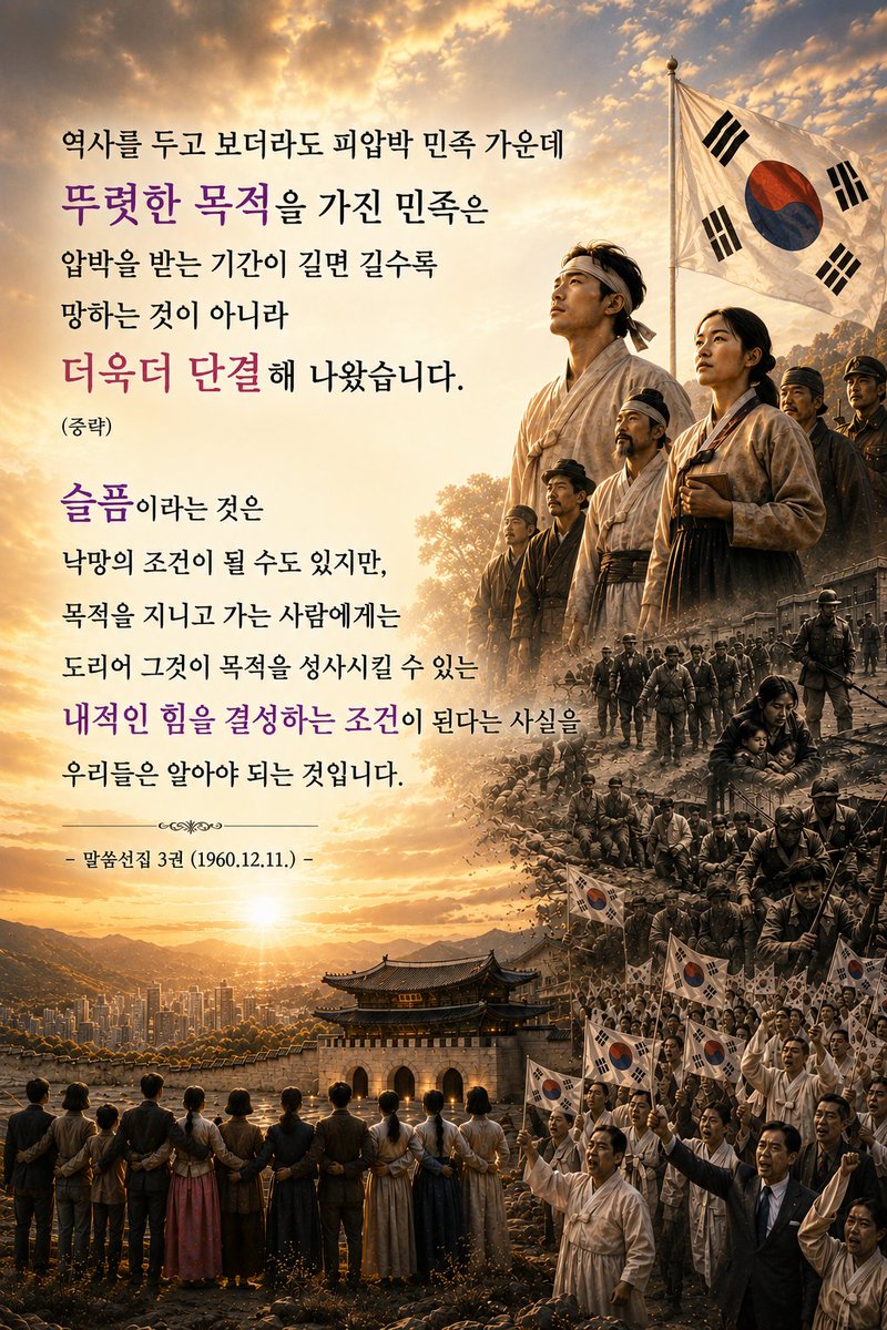 hanaeTrue's tweet photo. 역사를 두고 보더라도 피압박 민족 가운데
뚜렷한 목적을 가진 민족은
압박을 받는 기간이 길면 길수록
망하는 것이 아니라
더욱더 단결해 나왔습니다.
(중략) 

슬픔이라는 것은
낙망의 조건이 될 수도 있지만,
목적을 지니고 가는 사람에게는
도리어 그것이 목적을 성사시킬 수 있는
내적인 힘을 결성하는 조건이 된다는 사실을
우리들은 알아야 되는 것입니다. 

- 말씀선집 3권 (1960.12.11.) -