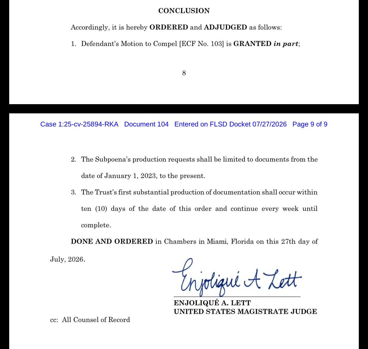 TheMaineWonk's tweet photo. ‼️ Fed judge today (July 27) orders Trump’s Revocable Trust to hand over financial records to BBC.

In Trump’s $10B defamation suit over a Jan. 6 documentary, Judge orders Trust 
must produce docs showing holdings, assets &amp; value from 1/1/23 to present—first docs due in 10 days. https://t.co/21k9SLd6Kd