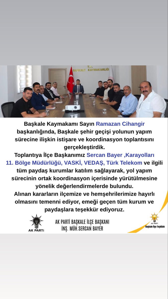 sercanbayer88's tweet photo. 📍BAŞKALE KAYMAKAMLIĞI
Başkale Şehir Geçişi projesiyle ilgili tüm kurum temsilcileriyle birlikte bir araya gelerek çalışmalar hakkında istişare toplantısı gerçekleştirdik. Alınan kararların hayırlara vesile olmasını temenni ederim. 
@abuyukgumus 
@efkanala 
@MustafaAlkayis https://t.co/OSkJk9RRGf