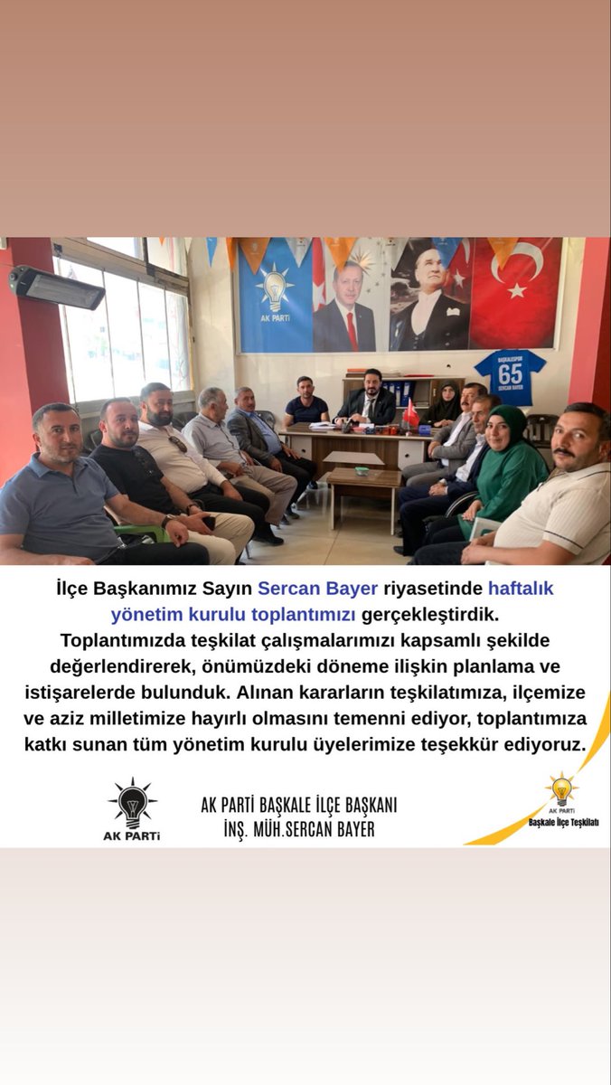 sercanbayer88's tweet photo. 📍AK PARTİ BAŞKALE İLÇE BAŞKANLIĞI
İlçe yönetim kurulu üyelerimizin katılımlarıyla haftalık toplantımızı gerçekleştirdik. Daha güçlü teşkilat olam yolunda istişarelerde bulunduk. Alınan kararların hayırlara vesile olmasını temenni ederim. 
@abuyukgumus 
@efkanala https://t.co/1tOK57mFN0