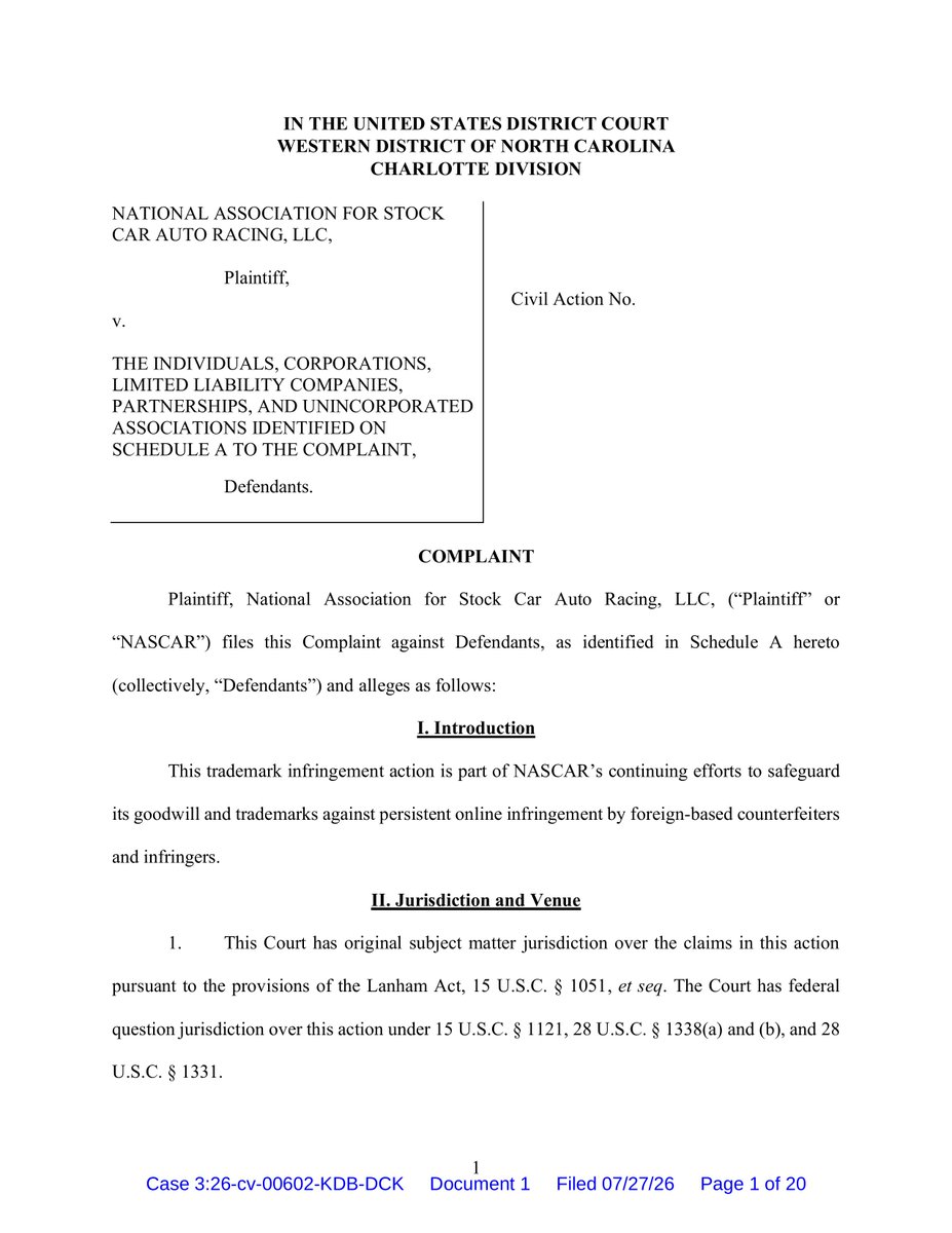 SKHaulenbeek's tweet photo. NASCAR has filed suit against an undisclosed number of companies for trademark infringement and selling unauthorized merchandise. #NASCAR #nccourts https://t.co/vNq8QAxlsA