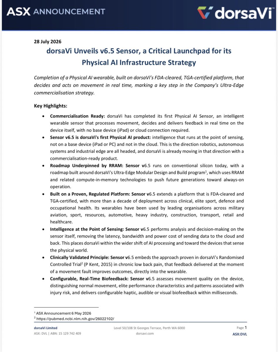 Stocksurfer_asx's tweet photo. $DVL 🔥🔥🔥
#dorsaVi unveiled Sensor v6.5 our first Physical AI wearable.
Processes movement, decides and delivers real time feedback right on the device.
No iPad. No cloud.
Commercialisation ready. Built on our FDA cleared platform.
Big step for Ultra Edge. https://t.co/3BwrZwQHtw