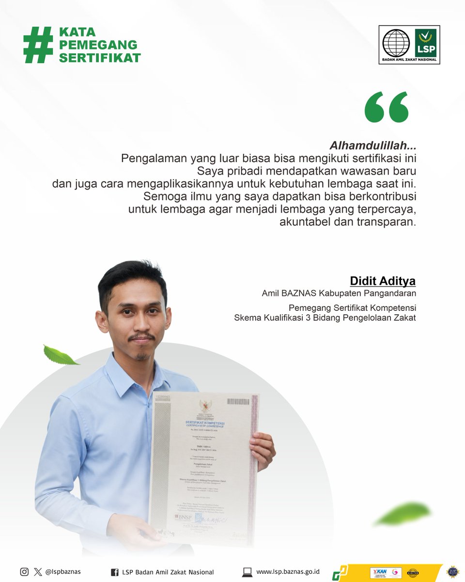 LspBaznas's tweet photo. "Pengalaman yang luar biasa bisa mengikuti sertifikasi ini. Saya mendapatkan wawasan baru sekaligus cara mengaplikasikannya untuk kebutuhan lembaga. Semoga ilmu yang diperoleh dapat berkontribusi mewujudkan lembaga yang semakin terpercaya, akuntabel, dan transparan." https://t.co/abXuDngKsQ