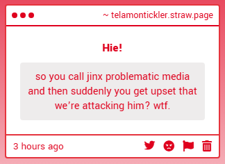 void_sfx's tweet photo. bruh the only time i've ever said this was as a joke. my friend is not 'problematic media'. we both say it to each other as to mimic that one tweet 😭 if you genuinely think you're doing something good harassing and doxxing someone over a joke i made u gotta go to therapy https://t.co/oC2oUQsnJU