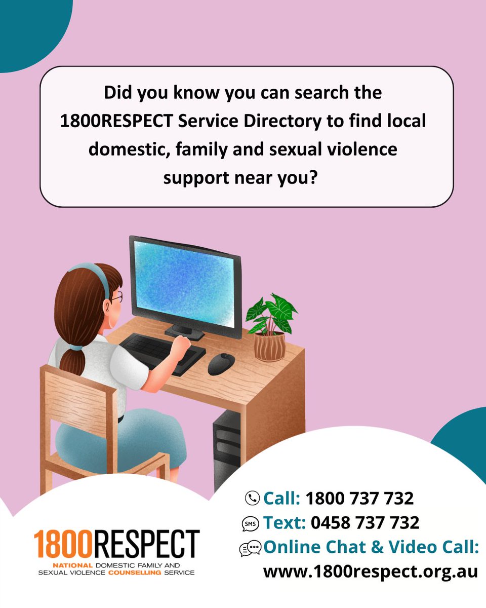 1800RESPECT's tweet photo. The Service Directory on the 1800RESPECT website has information about a number of different organisations that provide support to people affected by domestic, family and sexual violence. This includes local, state-based and national services.

You can search based on the type of service you need, using keywords or your location.

You can also contact 1800RESPECT directly for referrals and further information about what support services would best suit you and your situation. 

📞 Call 1800 737 732  
📱 Text 0458 737 732  
💻 Visit https://t.co/65chOxKh8h for online chat and video call services.

(Image text: Did you know you can search the 1800RESPECT Service Directory to find local domestic, family and sexual violence support near you? You can find support in: Housing, finance, legal, health and more)

#1800RESPECT #counselling #support #relationships #familyviolence #domesticviolence #sexualviolence #supportservices
