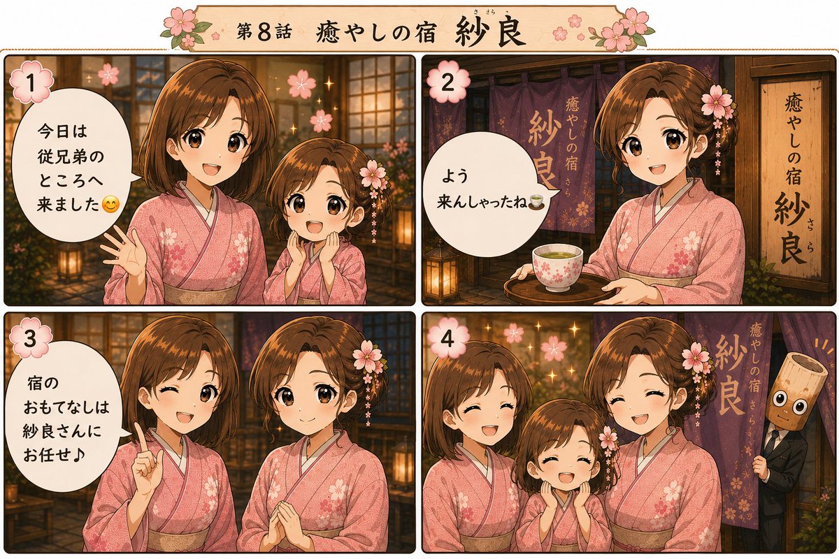 SaraprojectJP's tweet photo. 🌸 第8話『癒やしの宿 紗良』🌸
SARA PROJECTに新しい住人が仲間入り😊
博多生まれ・博多育ちの従姉妹、 紗良さんです🍵
「よう来んしゃったね。」
温かいお茶とやさしい笑顔で、 みなさんをお迎えします🌸
ぜひ第8話をご覧ください😊
#SARA_PROJECT #4コマ漫画 #癒やしの宿紗良 #博多弁 #創作キャラクター #癒し