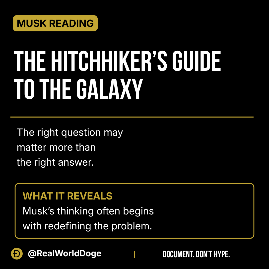 RealWorldDoge's tweet photo. Elon Musk has often pointed to The Hitchhiker’s Guide to the Galaxy as an important influence on how he thinks.

Its central lesson is not that every problem has an easy answer.

It is that finding the right question may be more important than accepting the question everyone else is already asking.

That mindset appears repeatedly across Tesla and SpaceX:

not “How can the existing system be improved?”
but “Why must the system work this way at all?”

From reusable rockets to electric vehicles, Musk’s companies often begin by challenging the original question.

#Tesla #ElonMusk #SpaceX