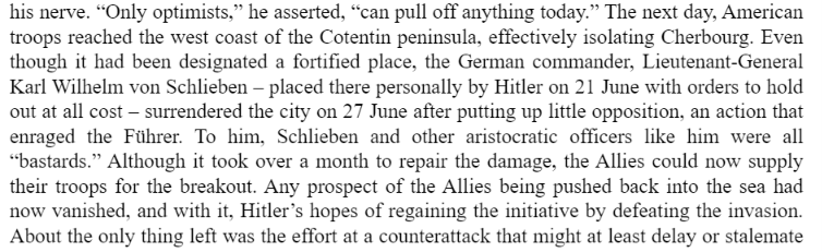 FakkuWulf's tweet photo. Any chance of German victory in the Normandy campaign was dashed when the German aristocrat and general von Schlieben, whom Hitler had personally instructed to hold at all costs, surrendered the port of Cherbourg and his 30,000-strong command to the US army after brief resistance https://t.co/HWhc5l6JNz