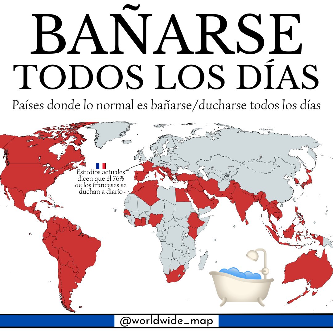 worldwide_map's tweet photo. Países donde lo normal se bañarse todos los días #mapas https://t.co/l128O2zTJe